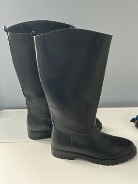 L.L. Bean Black Leather Tall Riding Boots Plaid Lined 6.5 Made In Canada